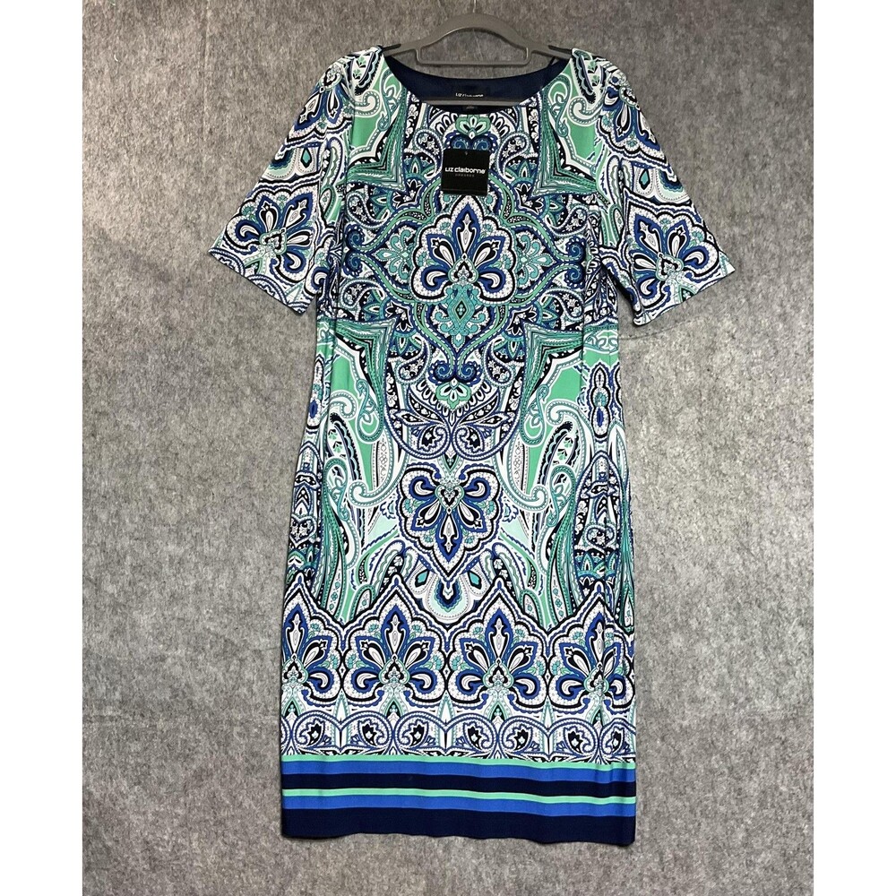 Liz Claiborne Dress Womens 12 Multicolor Paisley Sheath Midi Stretch Capsule New